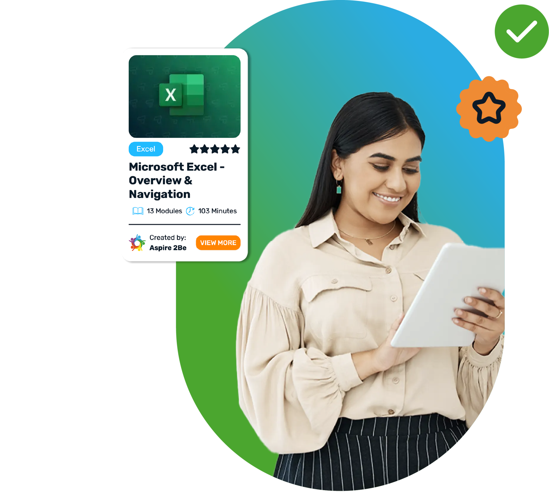 Woman on iPad with Microsoft Excel course badge.