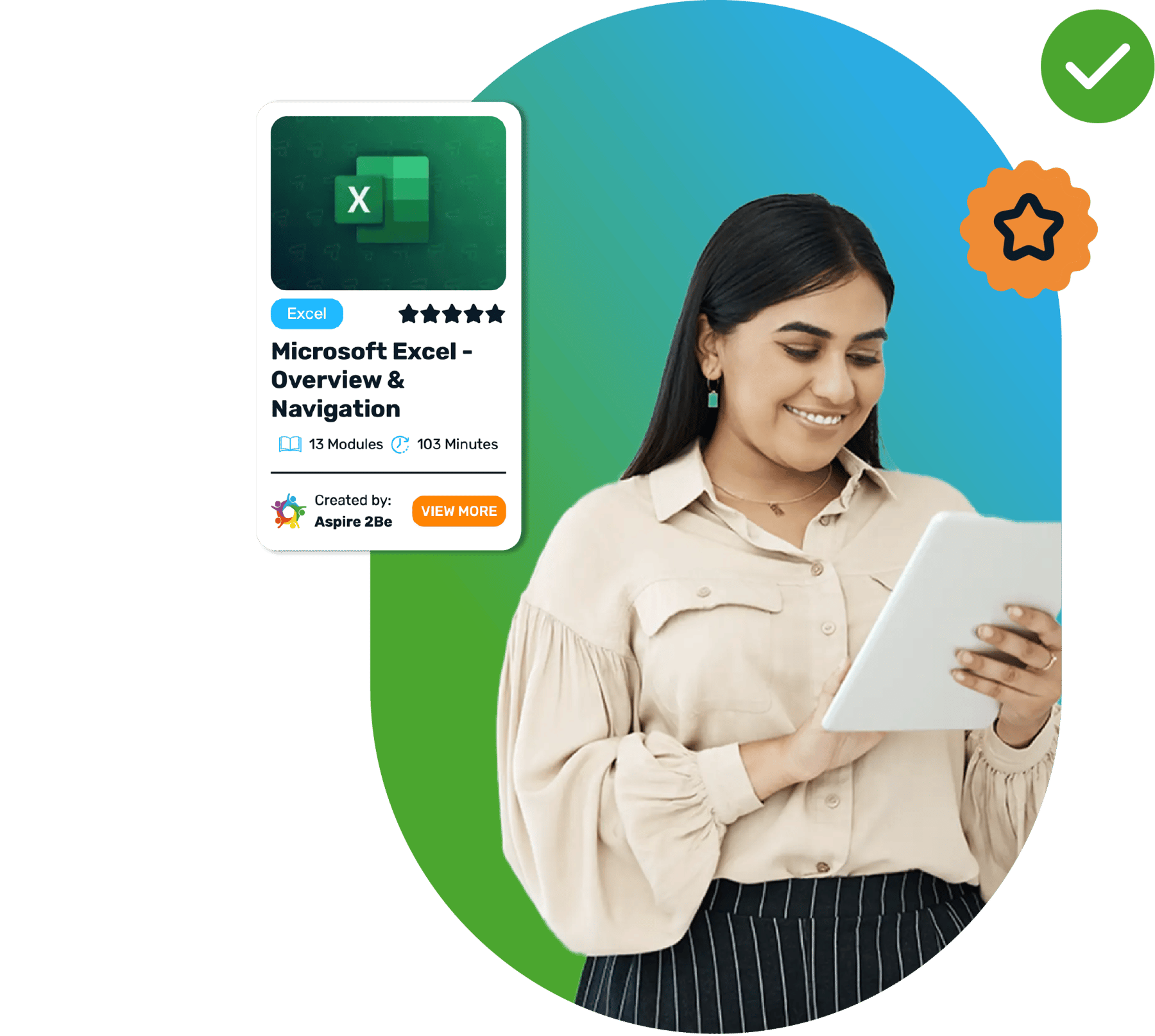 Woman on iPad showing excel course badge.